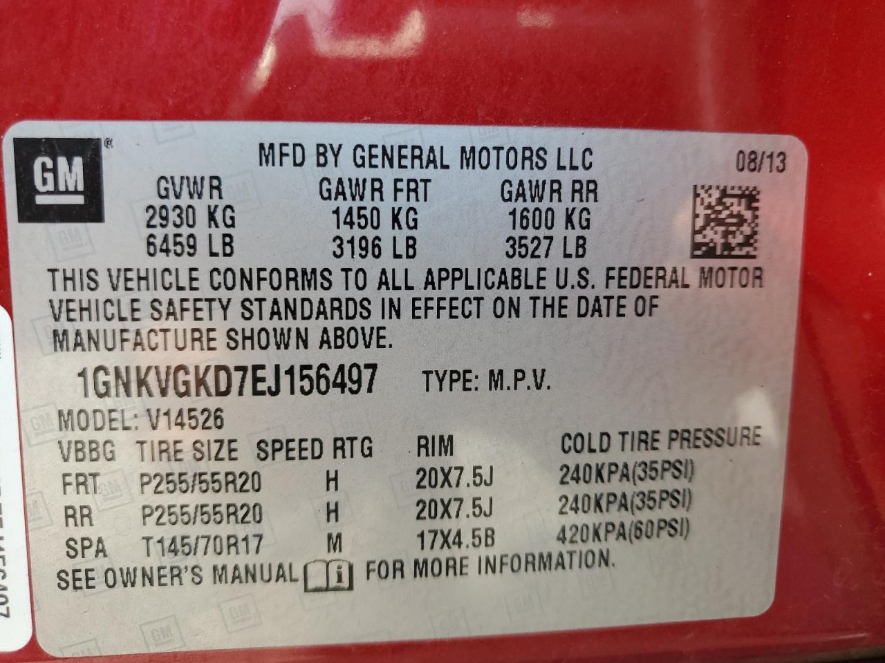 2014 Chevrolet Traverse Lt VIN: 1GNKVGKD7EJ156497 Lot: 67415725