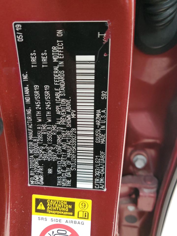 2019 Toyota Highlander Se VIN: 5TDJZRFH5KS992728 Lot: 69494625