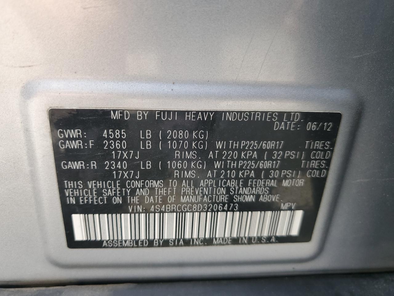 2013 Subaru Outback 2.5I Premium VIN: 4S4BRCGC8D3206473 Lot: 68042885