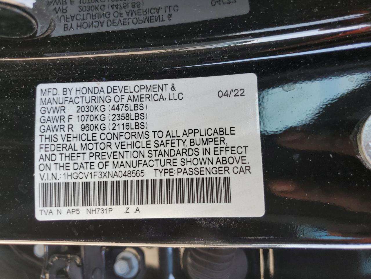 2022 Honda Accord Sport VIN: 1HGCV1F3XNA048565 Lot: 70816085