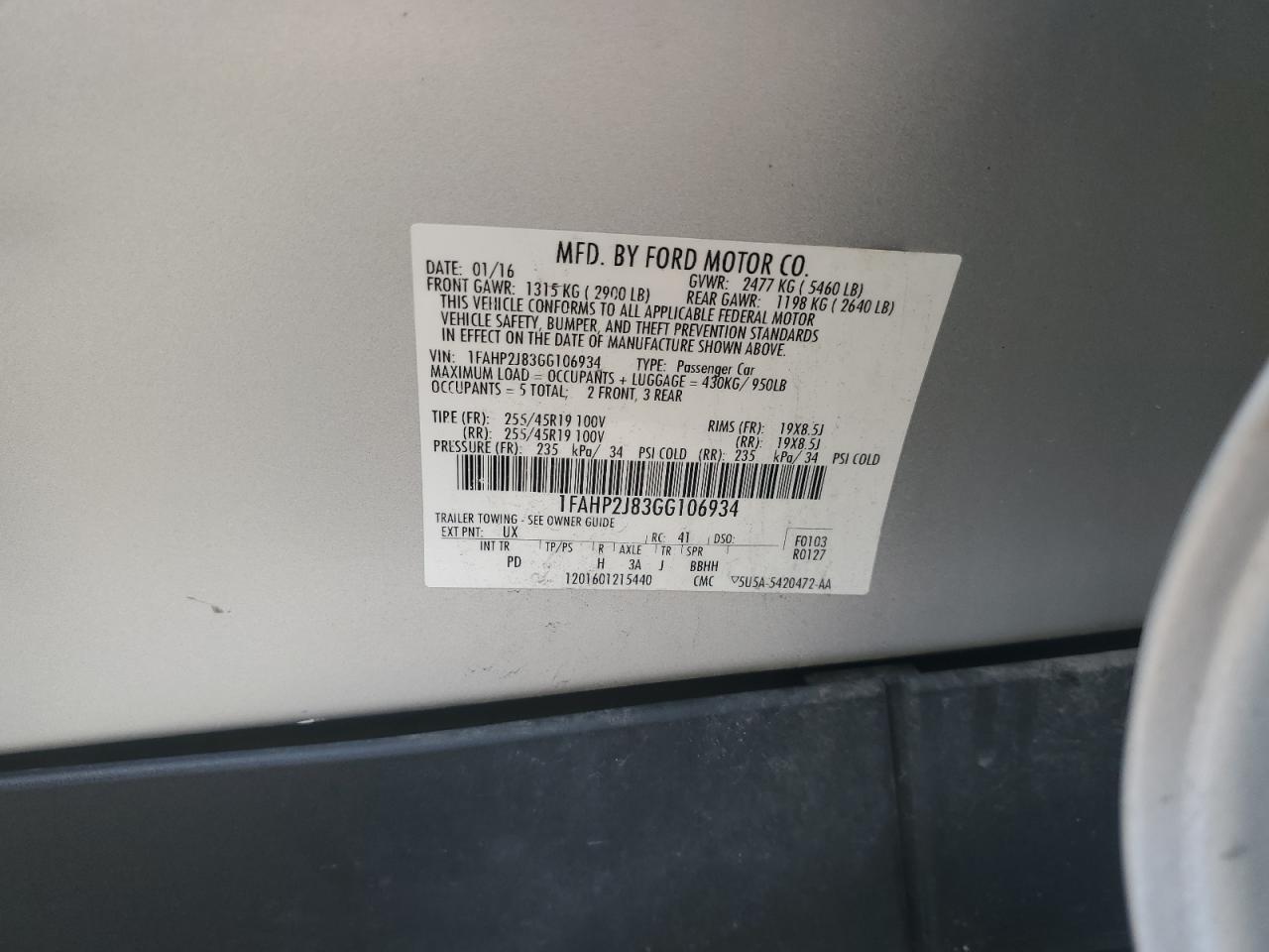 2016 Ford Taurus Limited VIN: 1FAHP2J83GG106934 Lot: 71072185