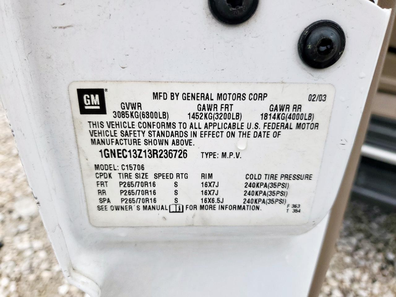 2003 Chevrolet Tahoe C1500 VIN: 1GNEC13Z13R236726 Lot: 70103125