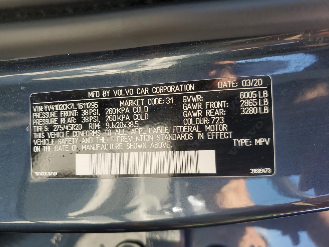 2020 Volvo Xc90 T5 Momentum VIN: YV4102CK7L1611295 Lot: 70547065