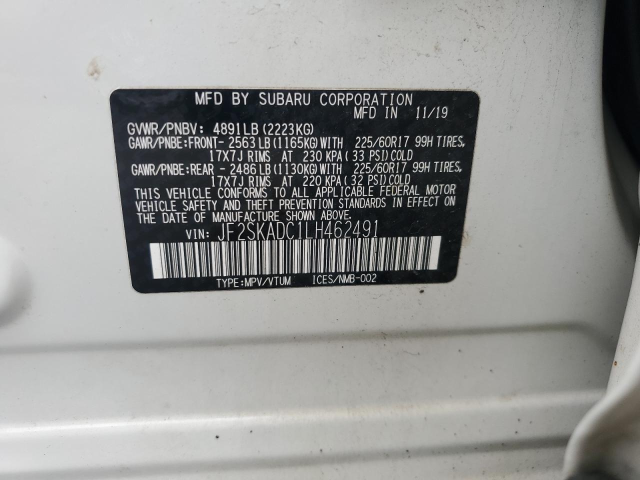 2020 Subaru Forester VIN: JF2SKADC1LH462491 Lot: 65621375