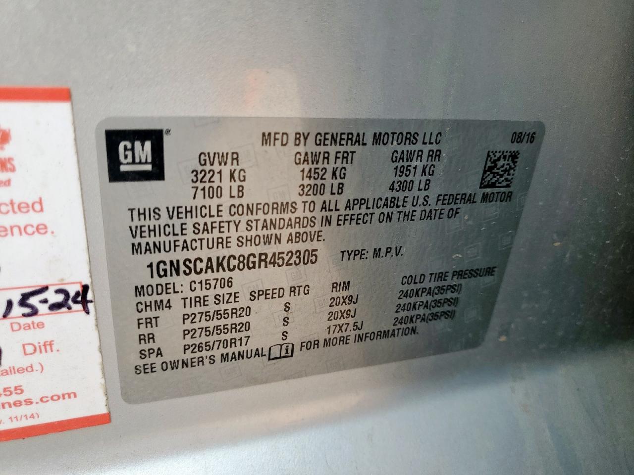 2016 Chevrolet Tahoe C1500 Ls VIN: 1GNSCAKC8GR452305 Lot: 68588095