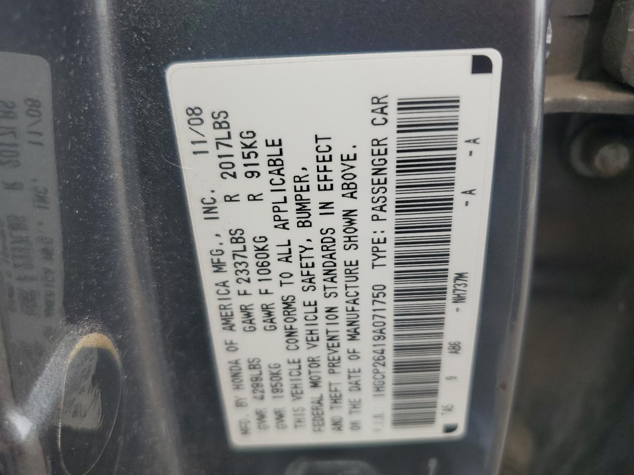 2009 Honda Accord Lxp VIN: 1HGCP26419A071750 Lot: 67750335