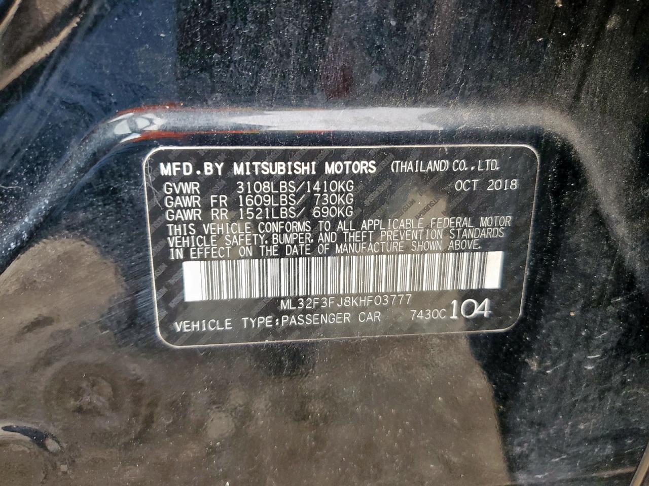 2019 Mitsubishi Mirage G4 Es VIN: ML32F3FJ8KHF03777 Lot: 70158675