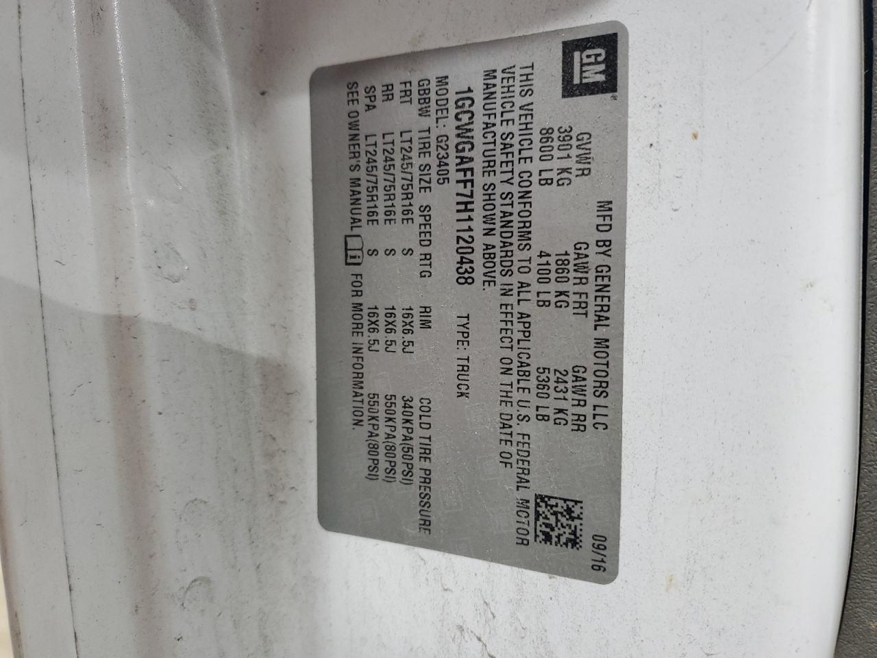 2017 Chevrolet Express G2500 VIN: 1GCWGAFF7H1120438 Lot: 69027565