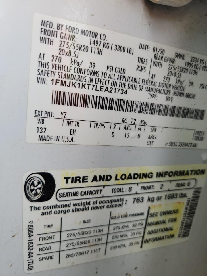 2020 Ford Expedition Max Limited VIN: 1FMJK1KT7LEA21734 Lot: 70945425