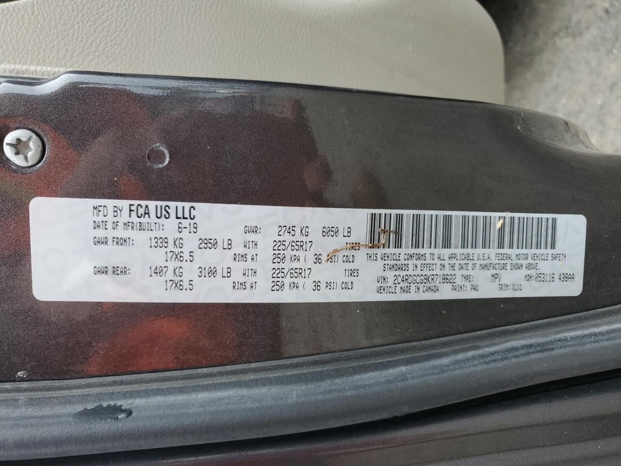 2019 Dodge Grand Caravan Sxt VIN: 2C4RDGCG9KR718622 Lot: 69922485