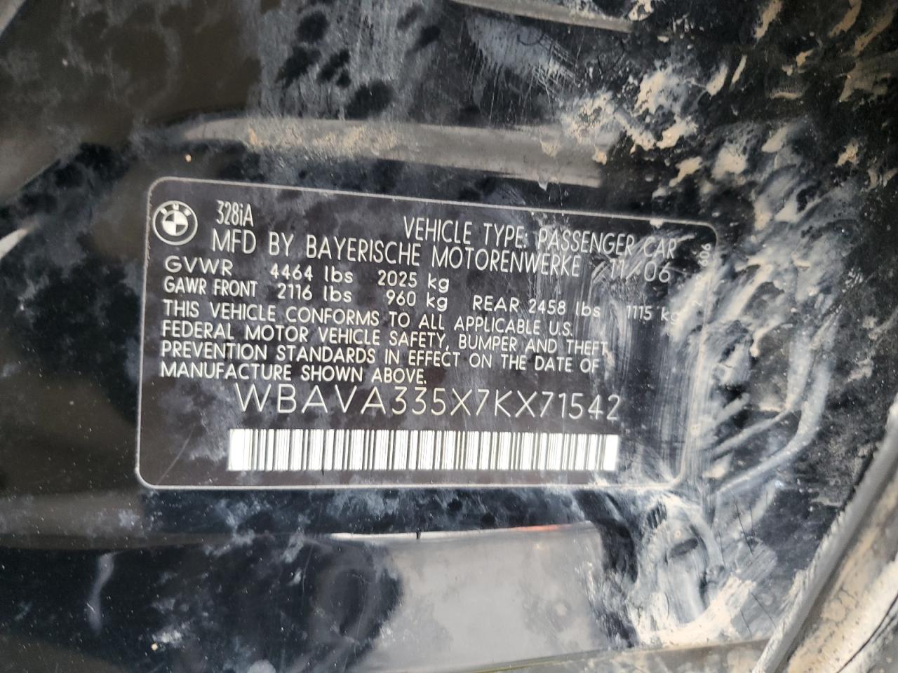 2007 BMW 328 I VIN: WBAVA335X7KX71542 Lot: 68209565