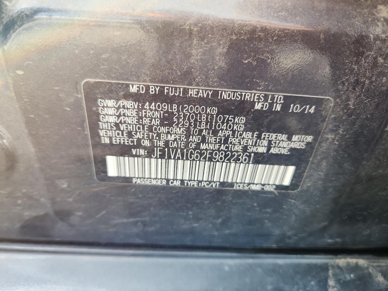 2015 Subaru Wrx Limited VIN: JF1VA1G62F9822361 Lot: 69479685