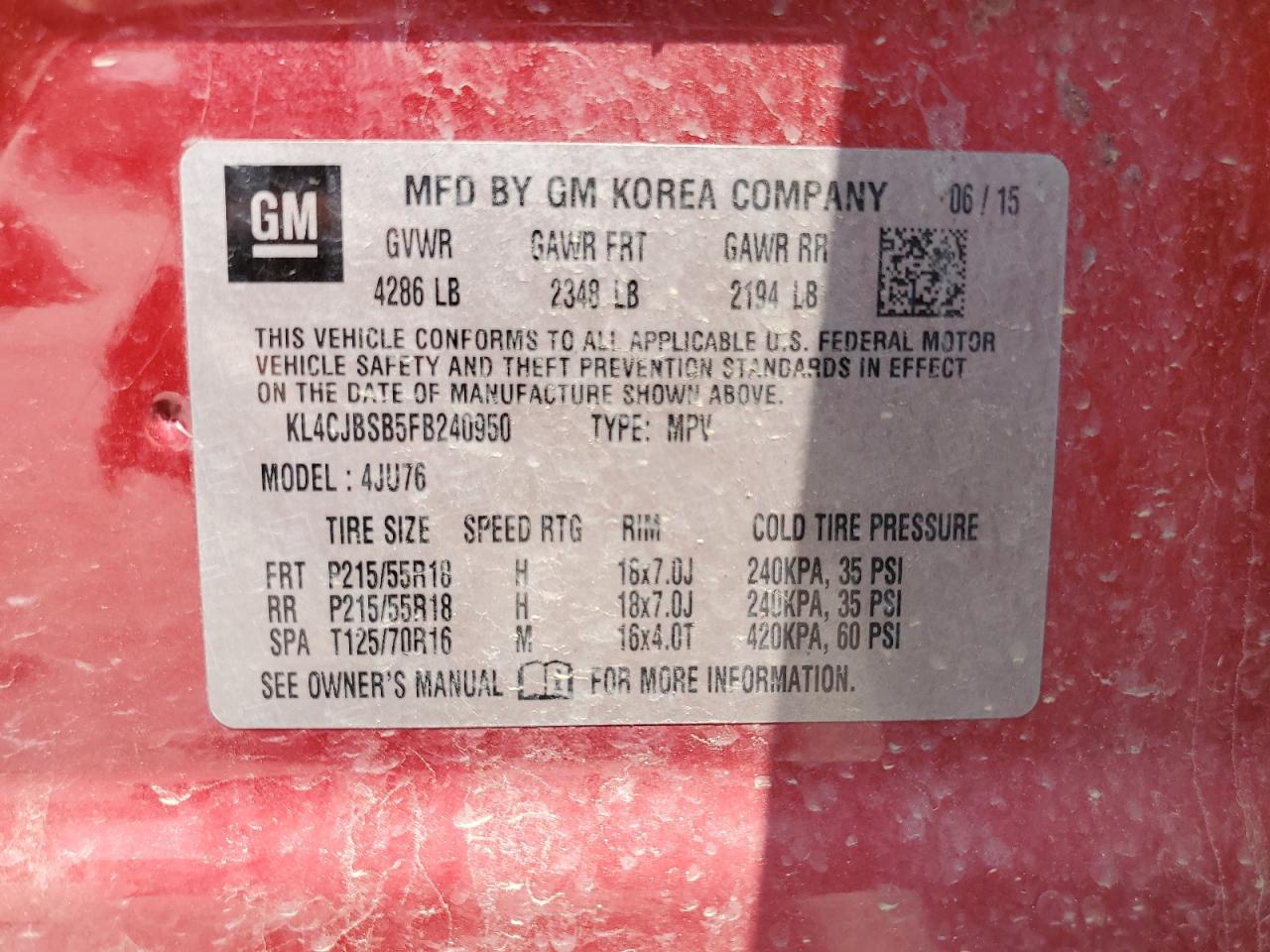 2015 Buick Encore Convenience VIN: KL4CJBSB5FB240950 Lot: 68202385