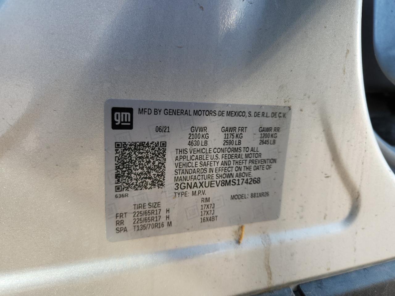 2021 Chevrolet Equinox Lt VIN: 3GNAXUEV8MS174268 Lot: 68225275