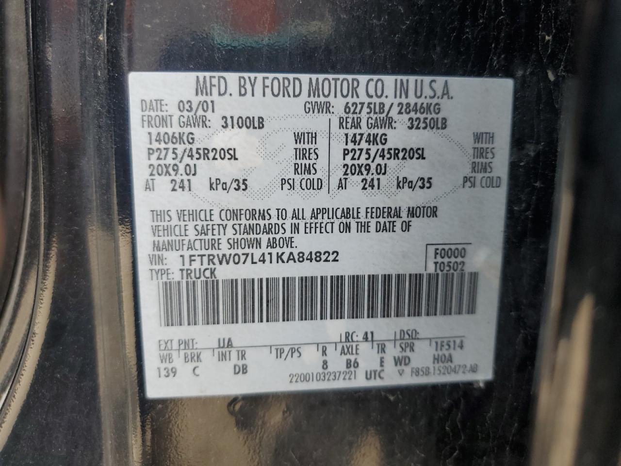 2001 Ford F150 Supercrew VIN: 1FTRW07L41KA84822 Lot: 69449105