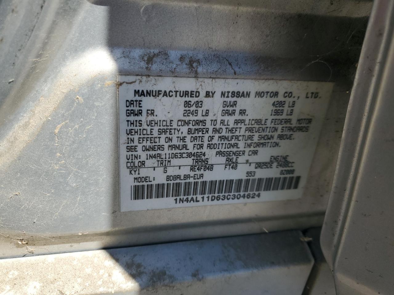 2003 Nissan Altima Base VIN: 1N4AL11D63C304624 Lot: 69504105