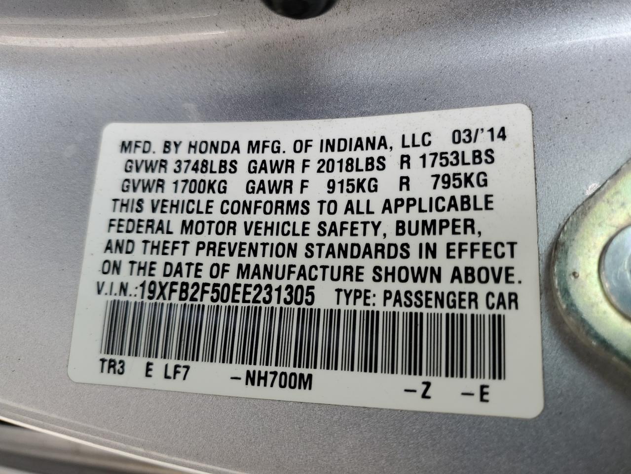 2014 Honda Civic Lx VIN: 19XFB2F50EE231305 Lot: 67776155