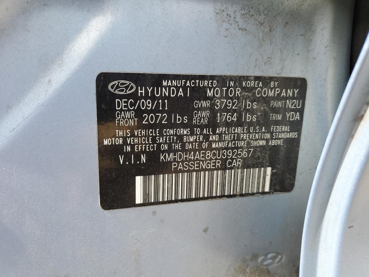 2012 Hyundai Elantra Gls VIN: KMHDH4AE8CU392567 Lot: 70945985