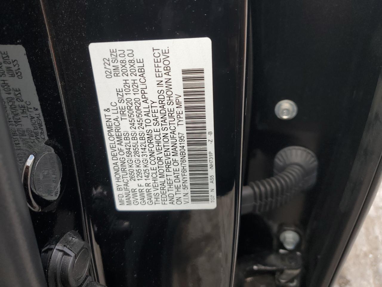 2022 Honda Pilot Black VIN: 5FNYF6H76NB041957 Lot: 69299125