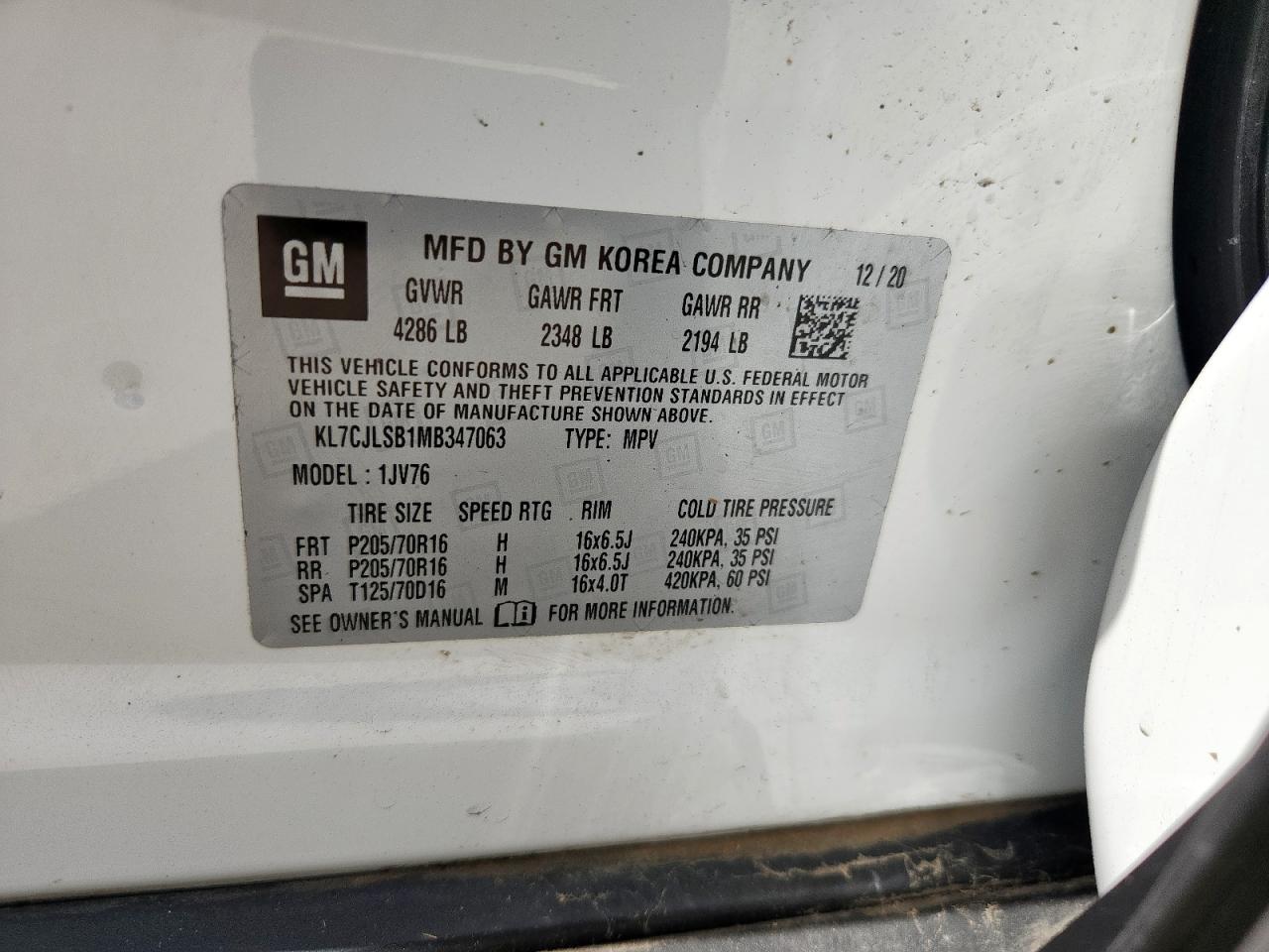 2021 Chevrolet Trax 1Lt VIN: KL7CJLSB1MB347063 Lot: 69082355