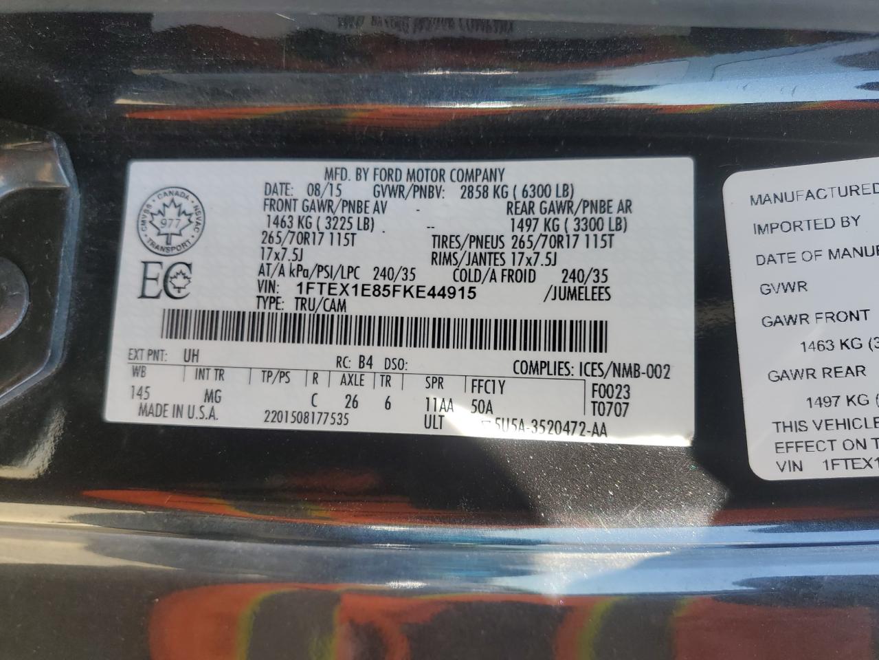 2015 Ford F150 Super Cab VIN: 1FTEX1E85FKE44915 Lot: 70690405