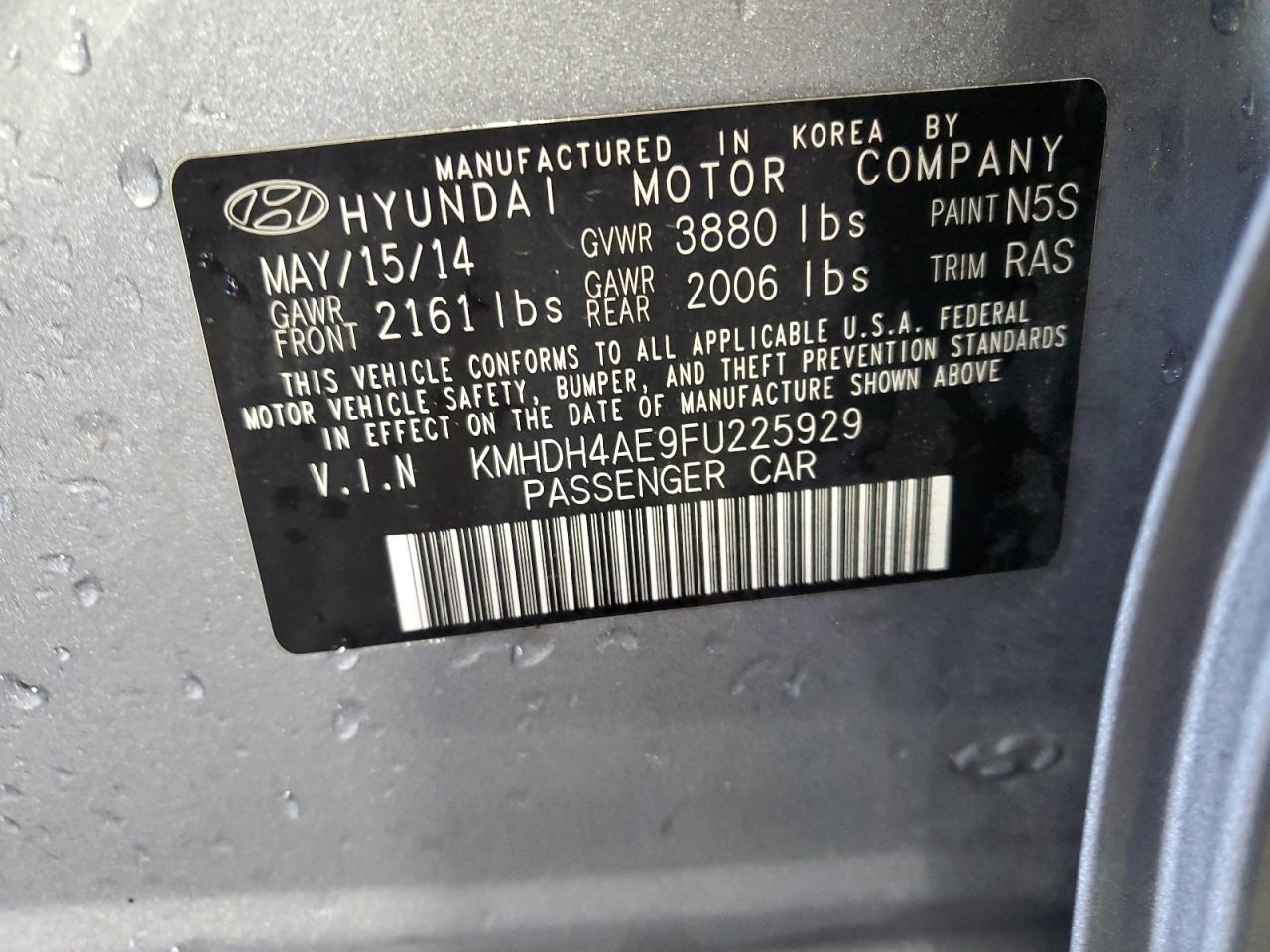 2015 Hyundai Elantra Se VIN: KMHDH4AE9FU225929 Lot: 69155155