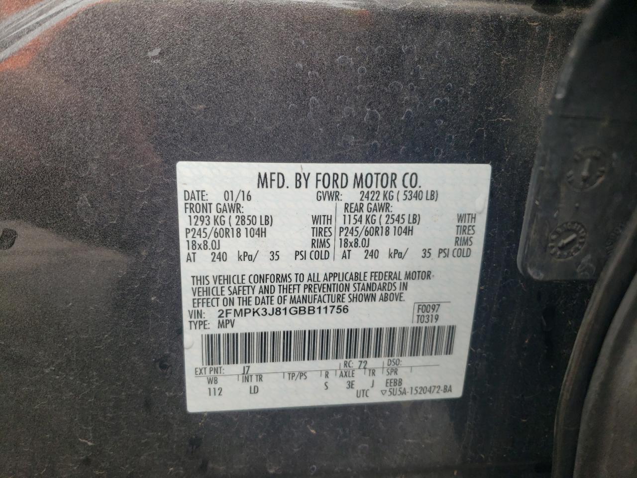 2016 Ford Edge Sel VIN: 2FMPK3J81GBB11756 Lot: 69878805