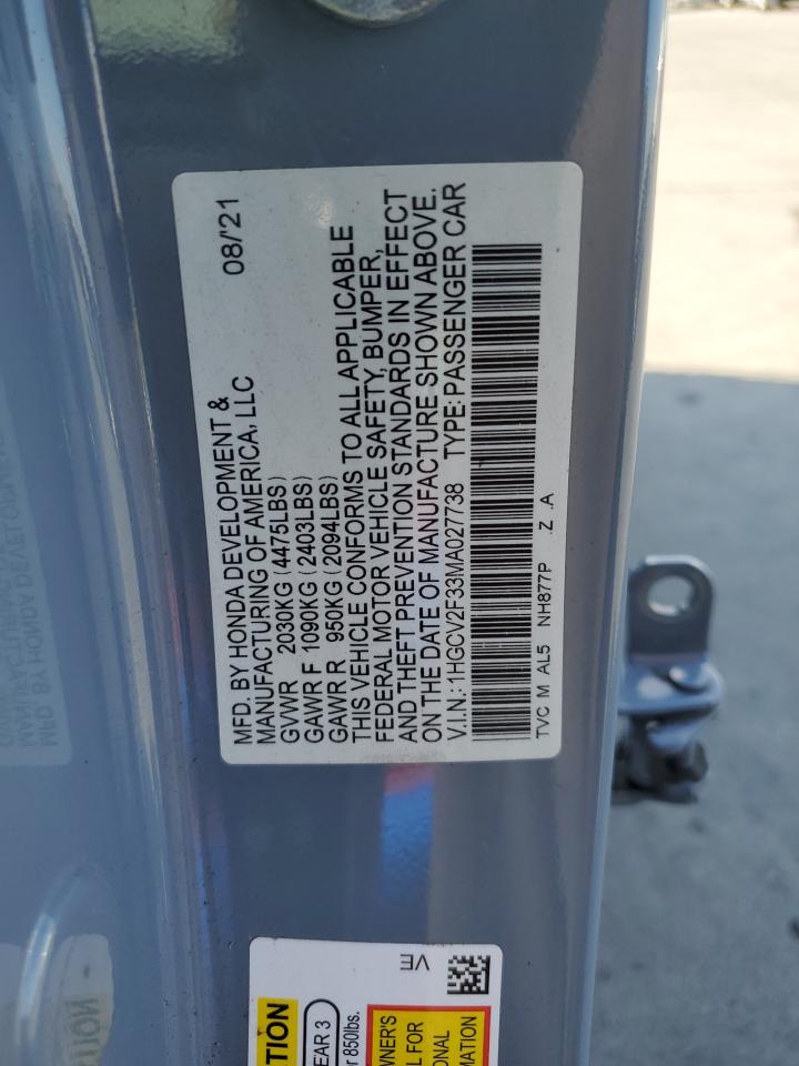 2021 Honda Accord Sport VIN: 1HGCV2F33MA027738 Lot: 70547275