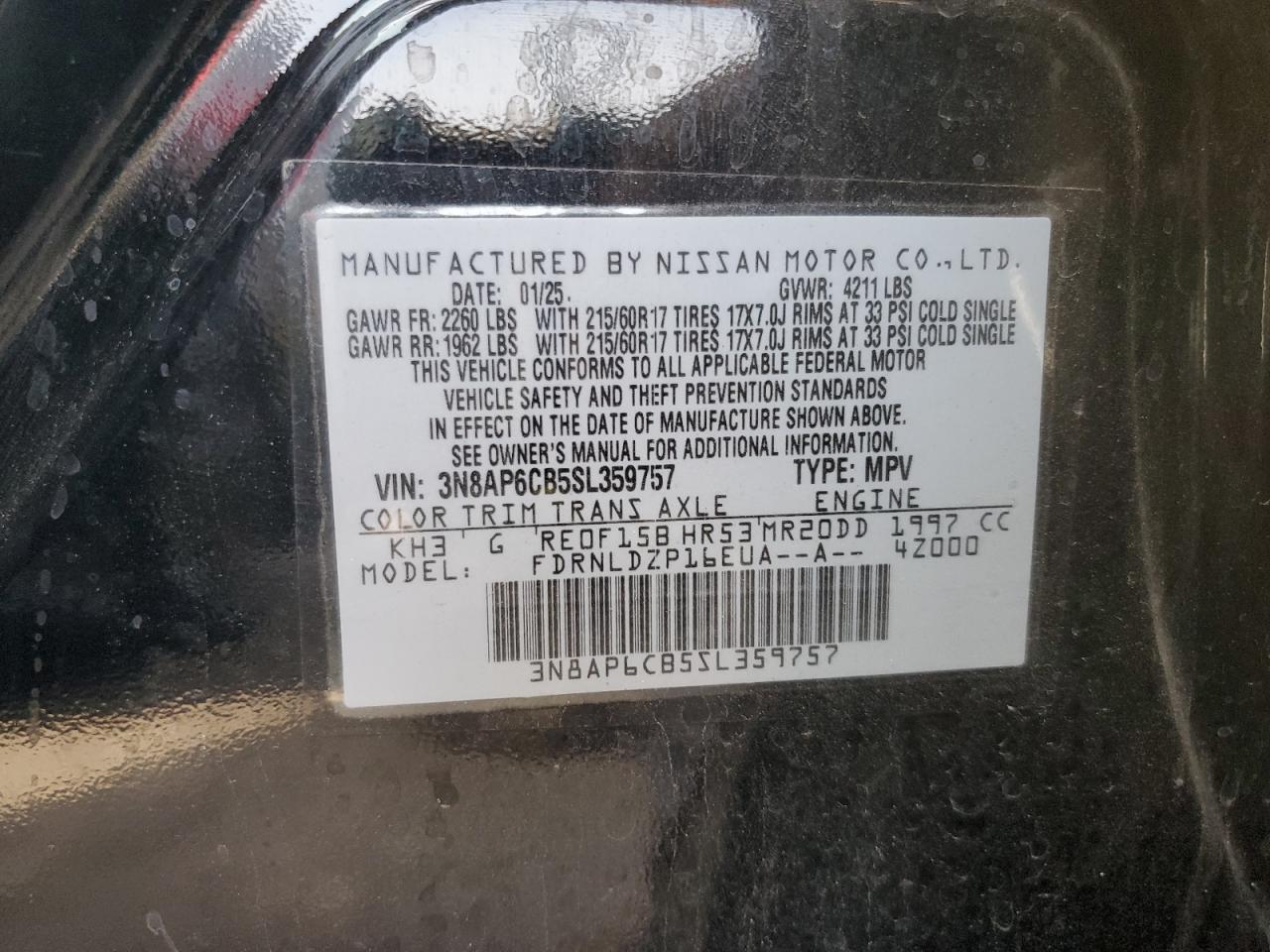 2025 Nissan Kicks Sv VIN: 3N8AP6CB5SL359757 Lot: 68959135