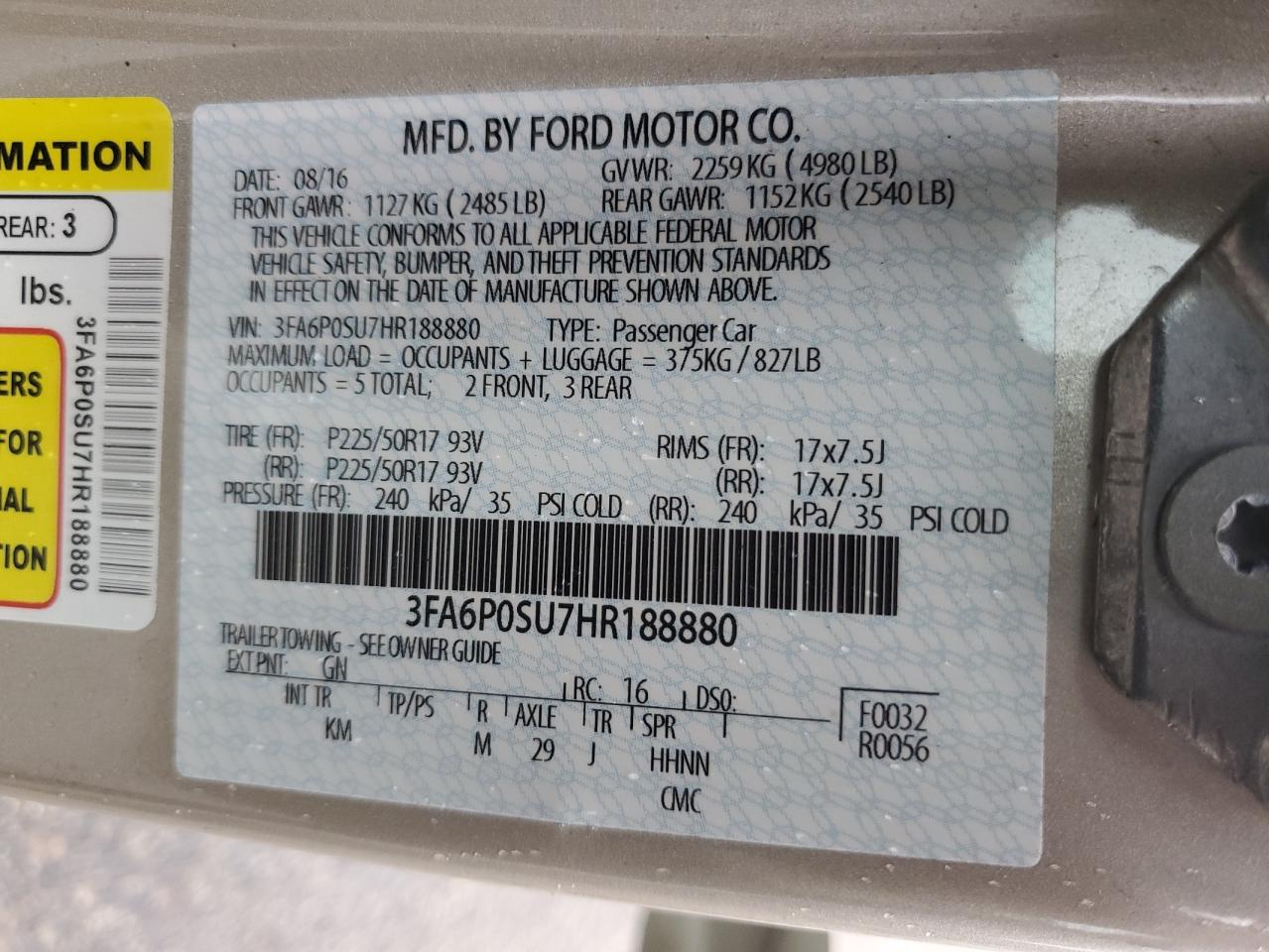 2017 Ford Fusion Titanium Phev VIN: 3FA6P0SU7HR188880 Lot: 68691995