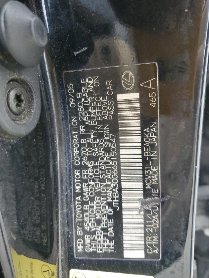 2006 Lexus Es 330 VIN: JTHBA30G665150547 Lot: 93006205