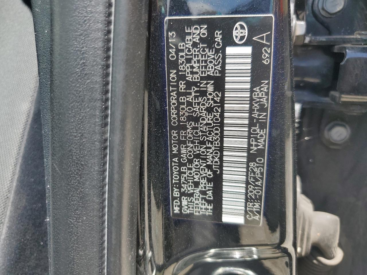 2013 Toyota Prius C VIN: JTDKDTB30D1042142 Lot: 67358805