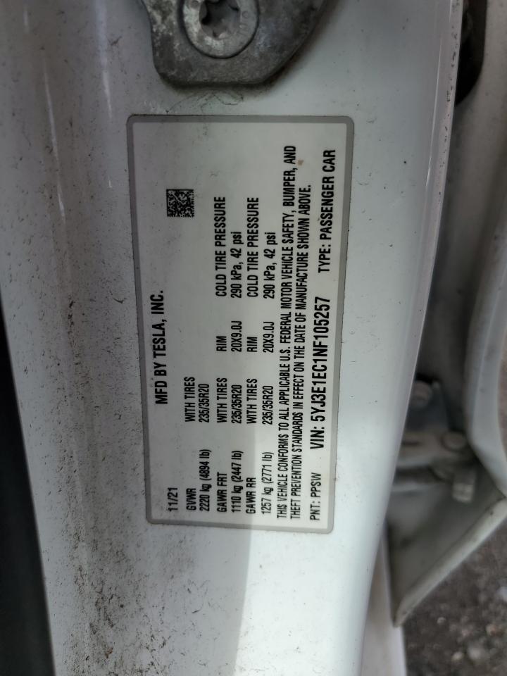 2022 Tesla Model 3 VIN: 5YJ3E1EC1NF105257 Lot: 69179015