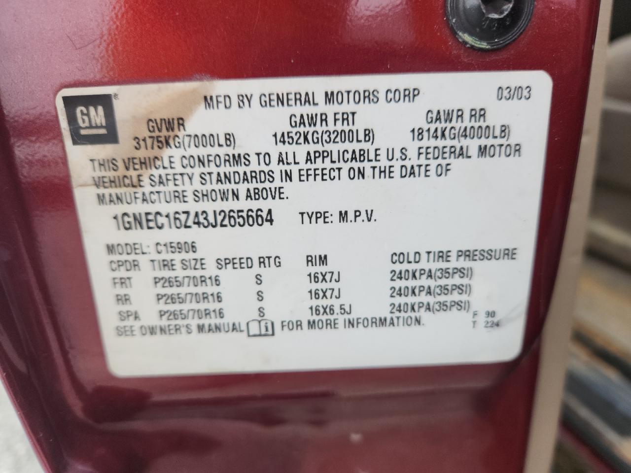 2003 Chevrolet Suburban C1500 VIN: 1GNEC16Z43J265664 Lot: 69580165