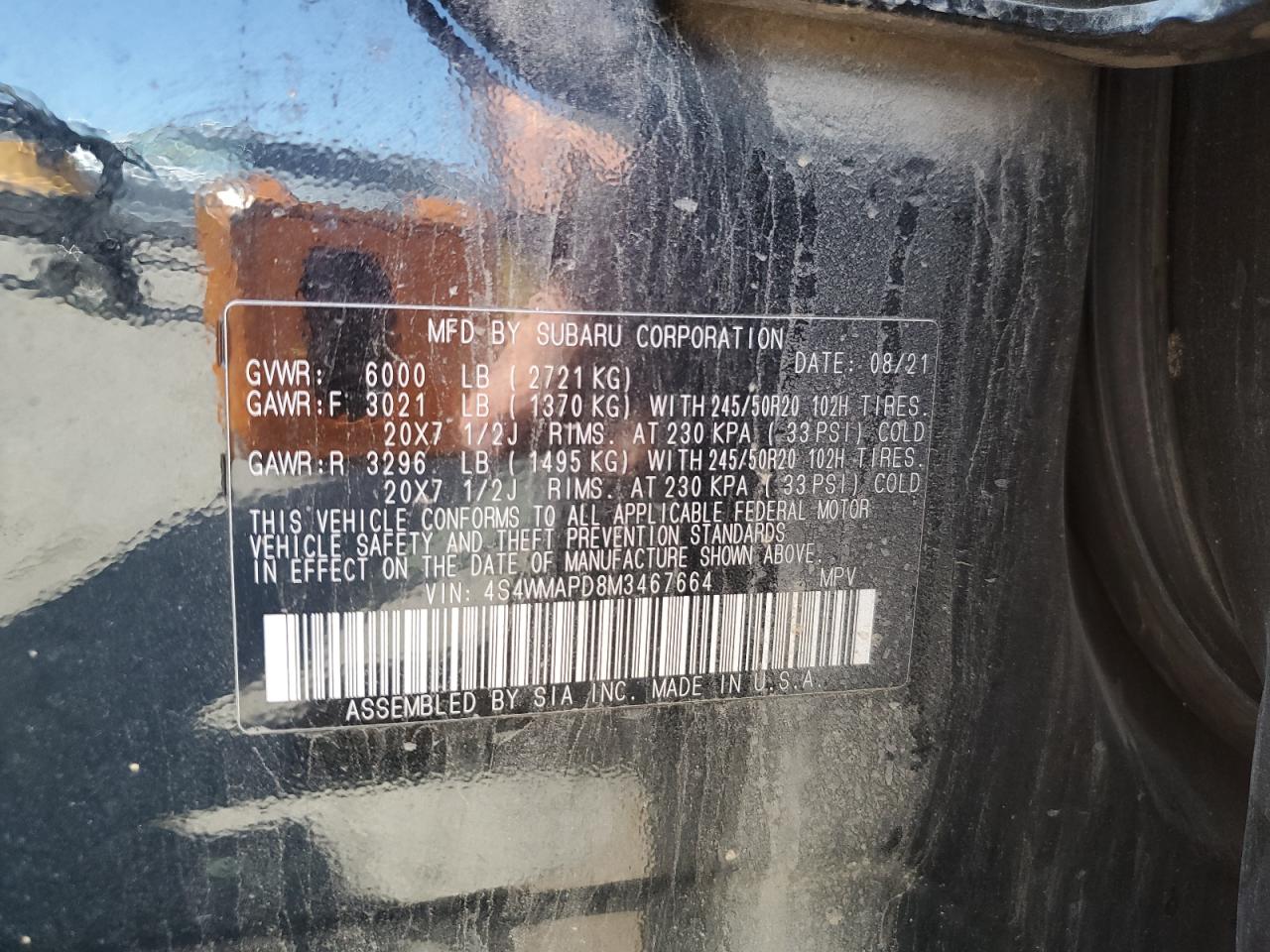 2021 Subaru Ascent Limited VIN: 4S4WMAPD8M3467664 Lot: 68902535