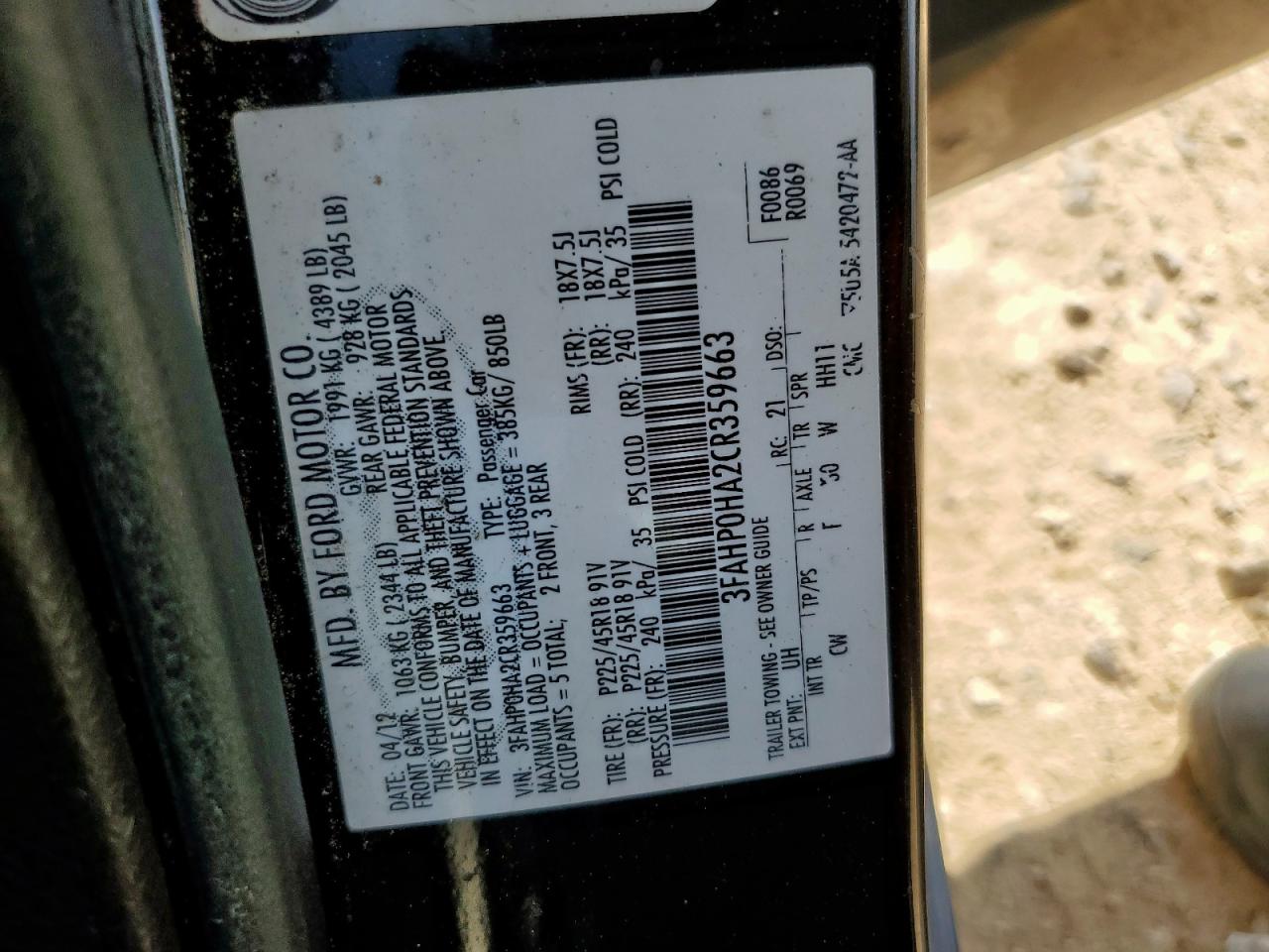 2012 Ford Fusion Se VIN: 3FAHP0HA2CR359663 Lot: 68715685