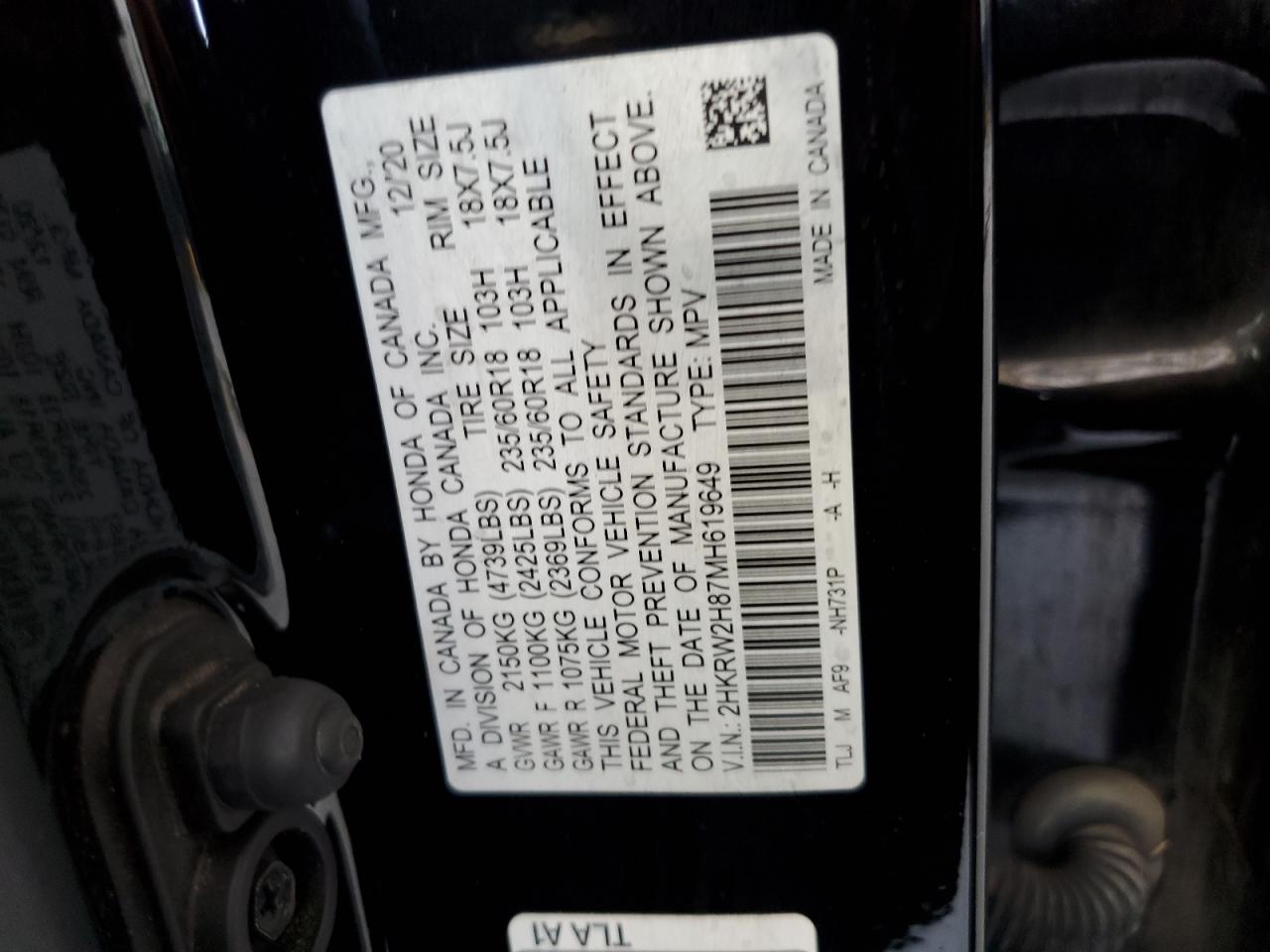 2021 Honda Cr-V Exl VIN: 2HKRW2H87MH619649 Lot: 69821385