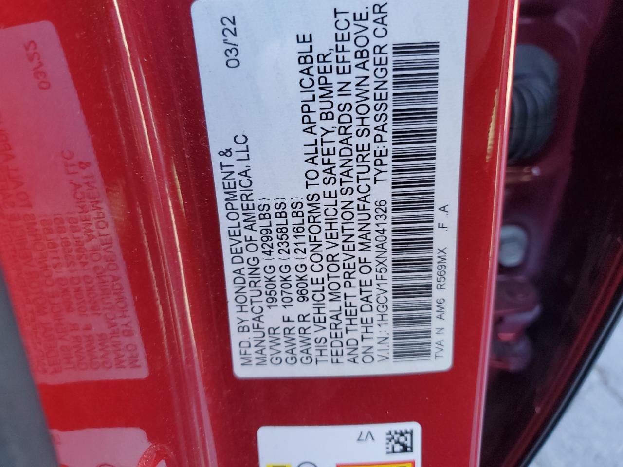 2022 Honda Accord Exl VIN: 1HGCV1F5XNA041326 Lot: 70529925