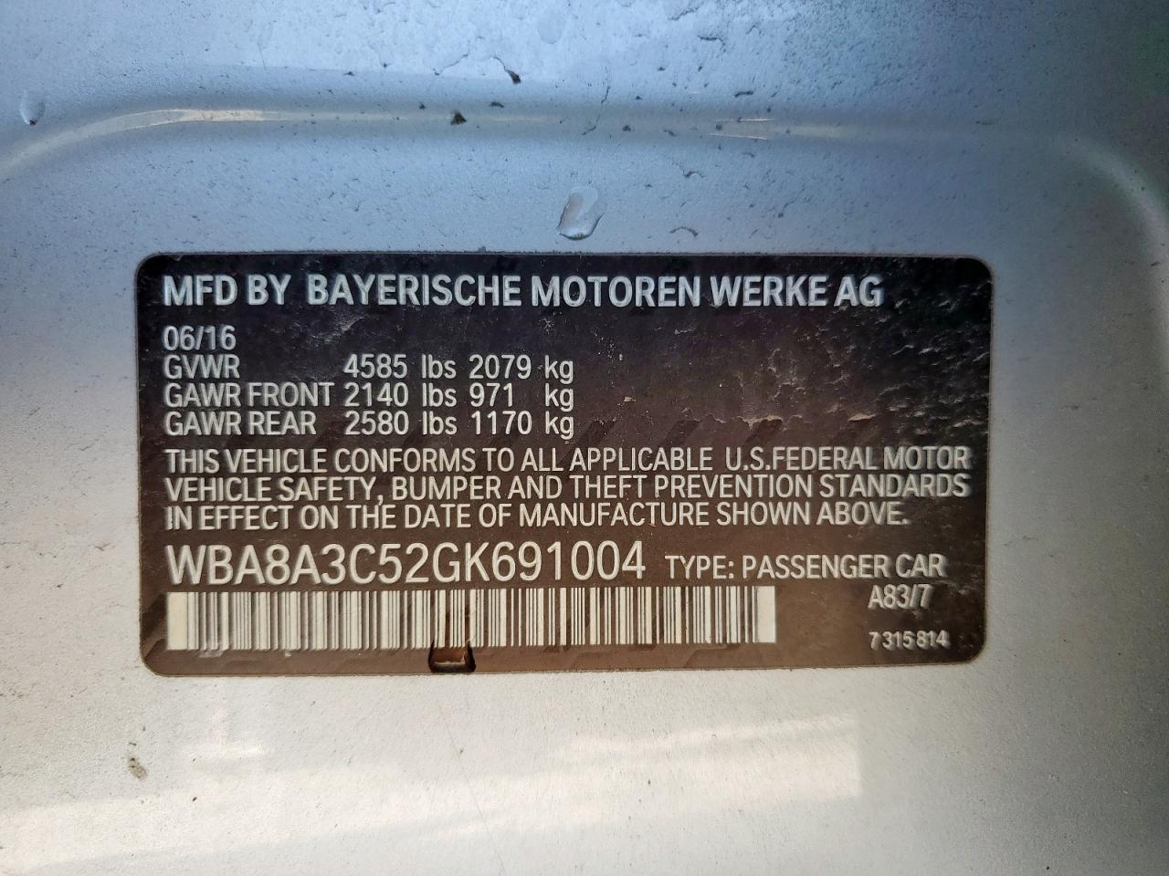 2016 BMW 320 Xi VIN: WBA8A3C52GK691004 Lot: 67978735