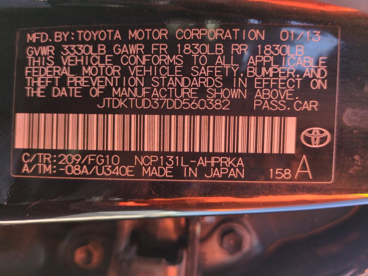 2013 Toyota Yaris VIN: JTDKTUD37DD560382 Lot: 69394785