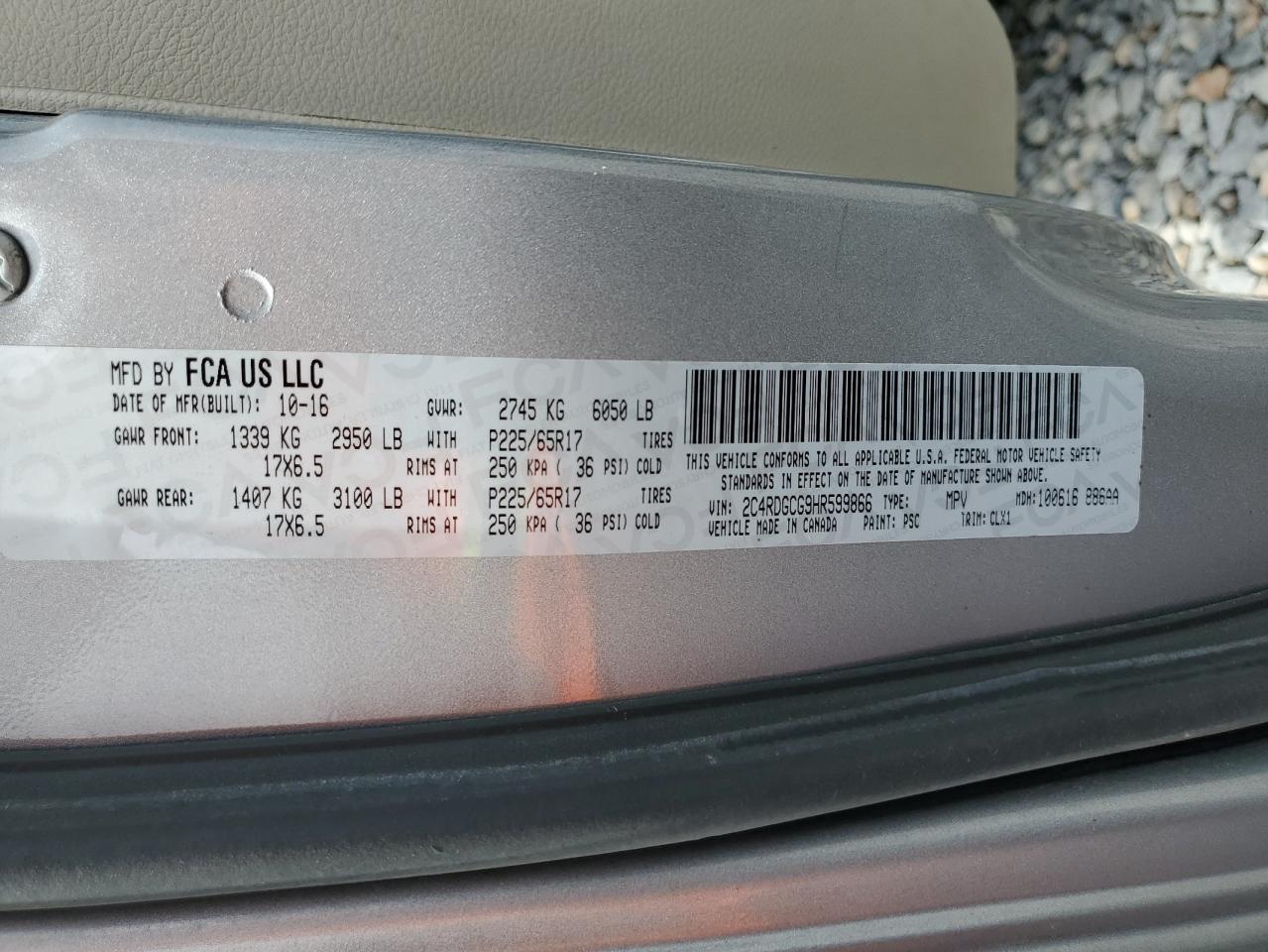 2017 Dodge Grand Caravan Sxt VIN: 2C4RDGCG9HR599866 Lot: 70753785