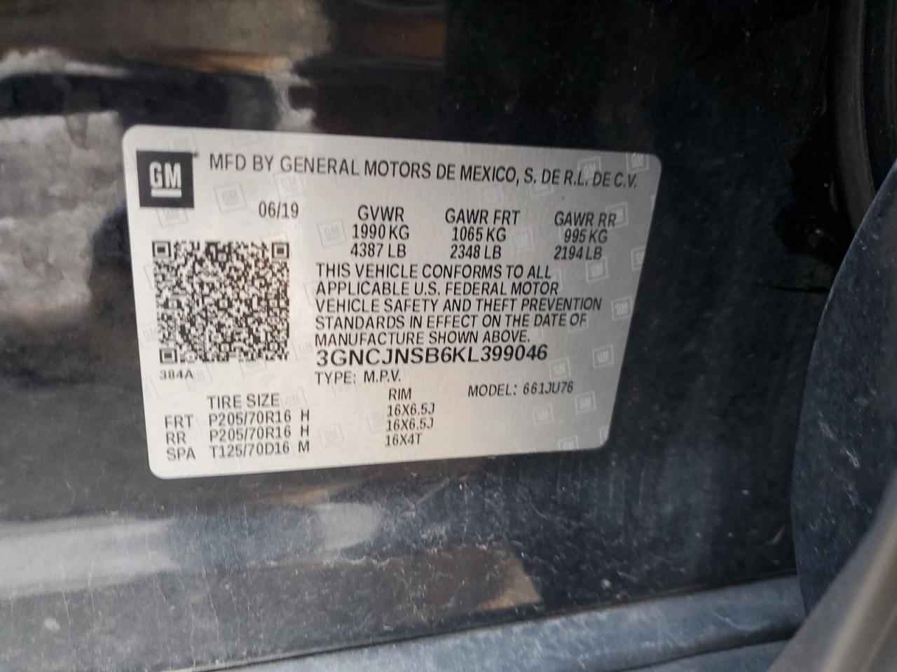 2019 Chevrolet Trax Ls VIN: 3GNCJNSB6KL399046 Lot: 69112445