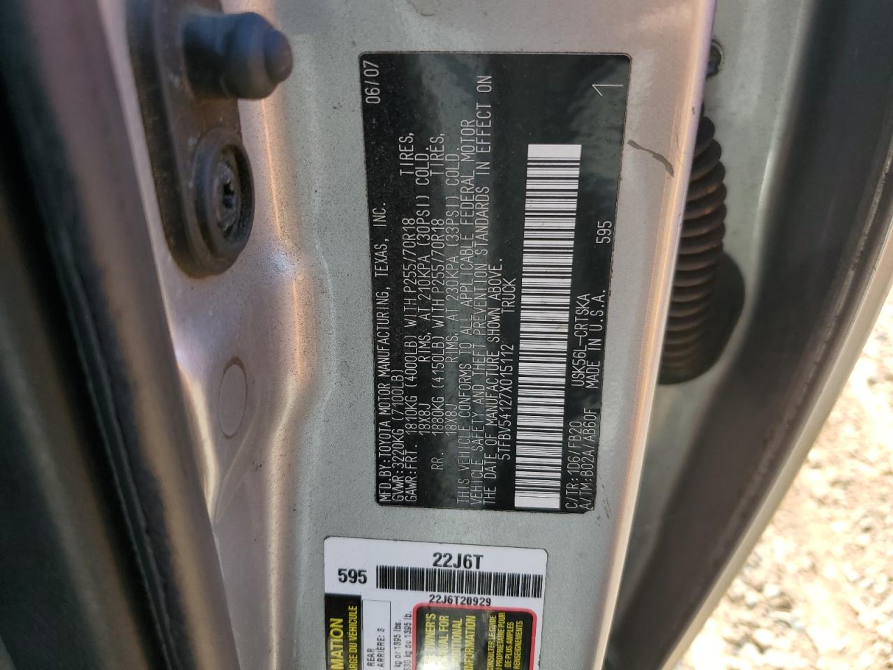 2007 Toyota Tundra Double Cab Sr5 VIN: 5TFBV54127X015112 Lot: 70262635