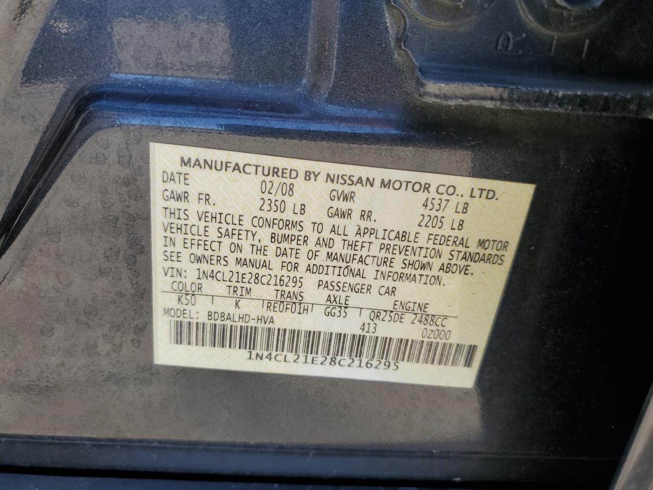 2008 Nissan Altima Hybrid VIN: 1N4CL21E28C216295 Lot: 68250295