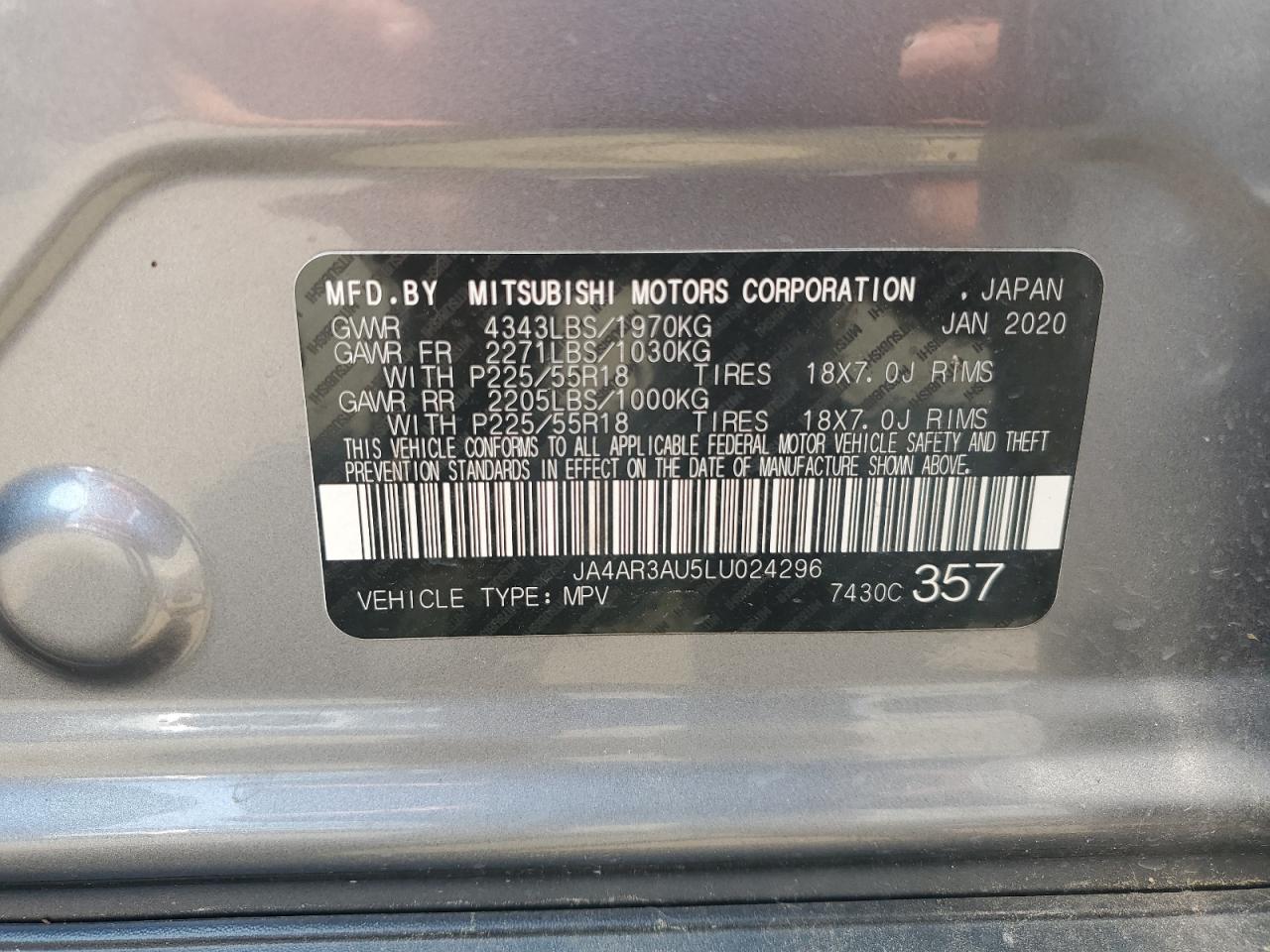 2020 Mitsubishi Outlander Sport Es VIN: JA4AR3AU5LU024296 Lot: 67610205