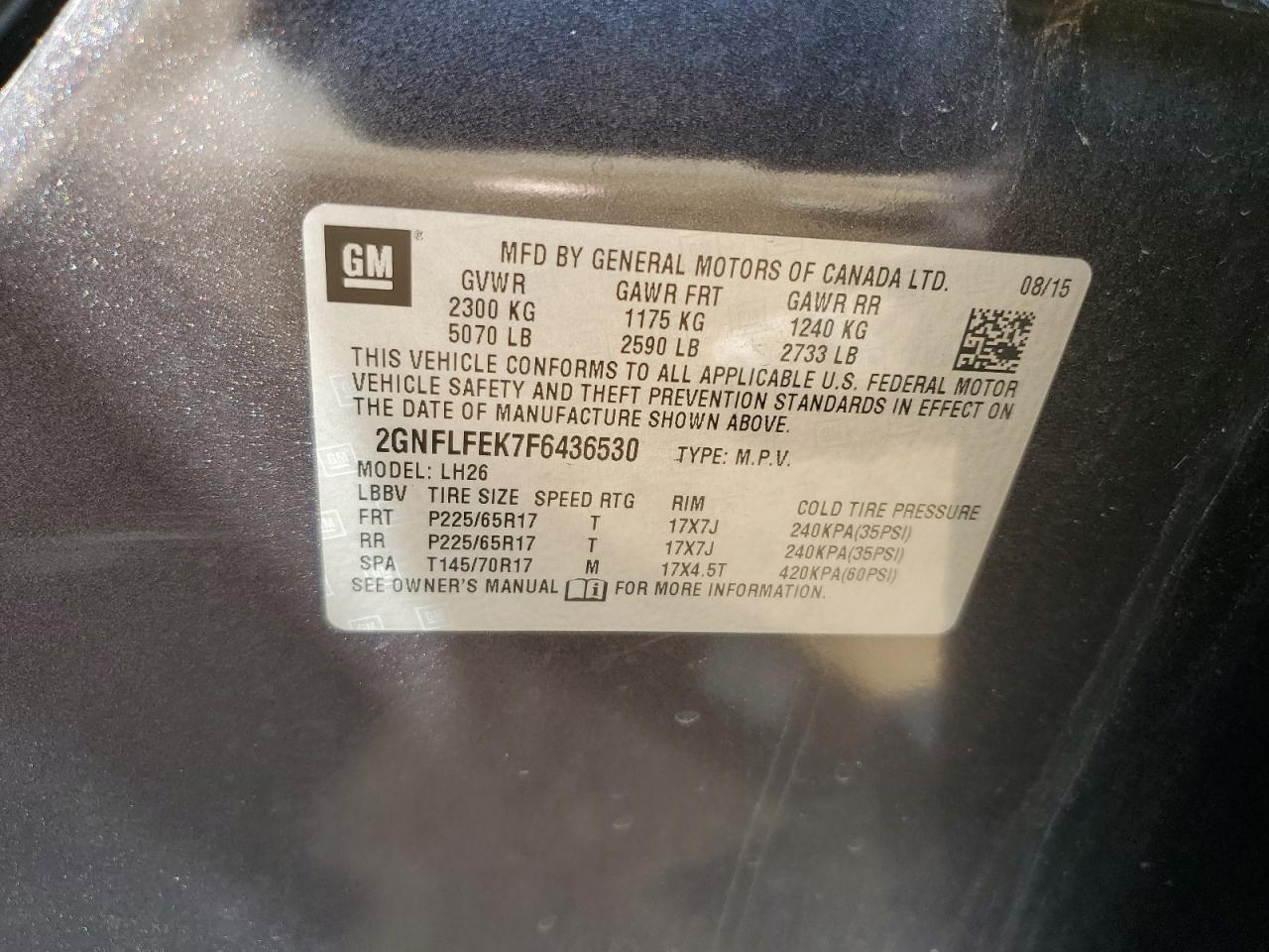 2015 Chevrolet Equinox Lt VIN: 2GNFLFEK7F6436530 Lot: 70552955