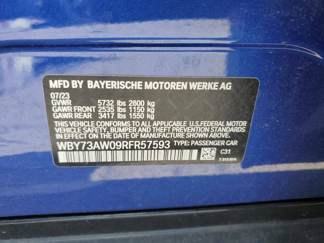 2024 BMW I4 Edrive 40 VIN: WBY73AW09RFR57593 Lot: 69650005