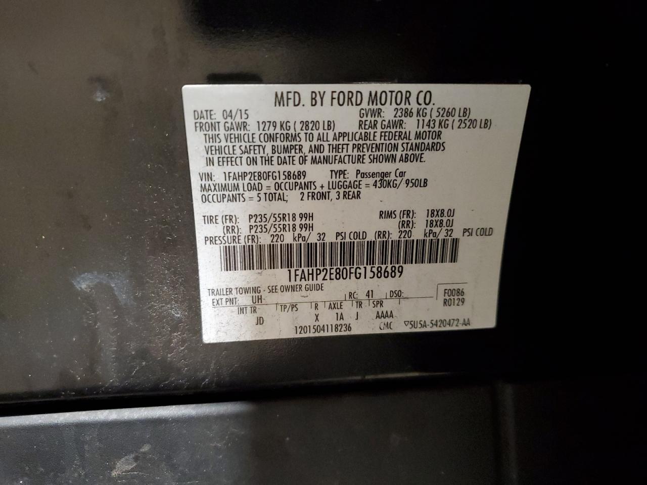 2015 Ford Taurus Sel VIN: 1FAHP2E80FG158689 Lot: 69737255