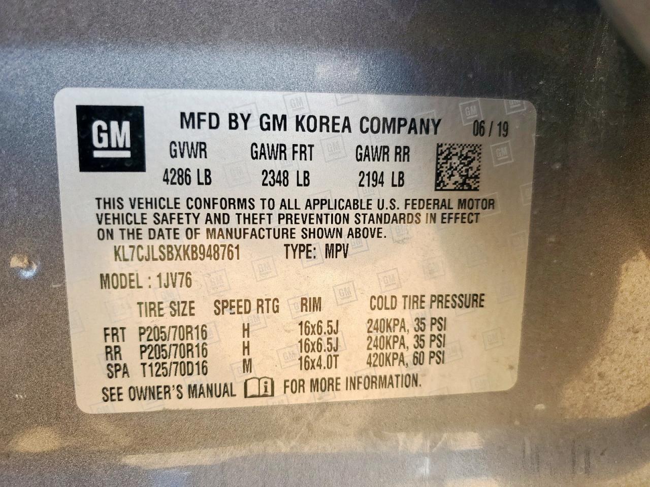 2019 Chevrolet Trax 1Lt VIN: KL7CJLSBXKB948761 Lot: 68678555