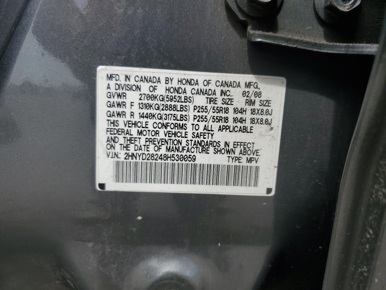 2008 Acura Mdx VIN: 2HNYD28248H530059 Lot: 84551805